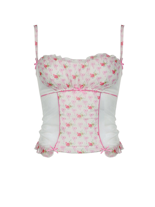 Patchwork Mesh Bow Spaghetti Strap Camis