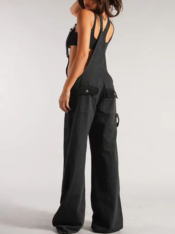 Patch Pocket Zipper Denim Overall Pants