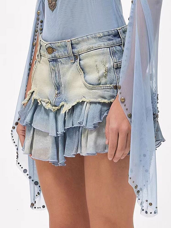 Chiffon Ruffled Patchwork Washed Denim Skirt