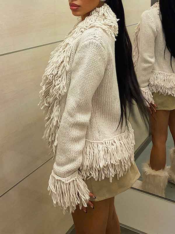 Tassel Snap Front Patchwork Solid Cardigan