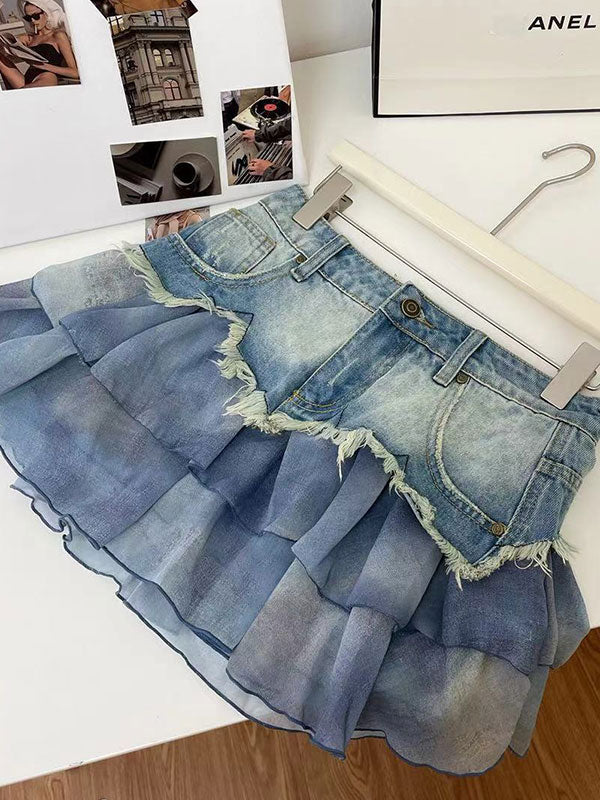 Chiffon Ruffled Patchwork Washed Denim Skirt