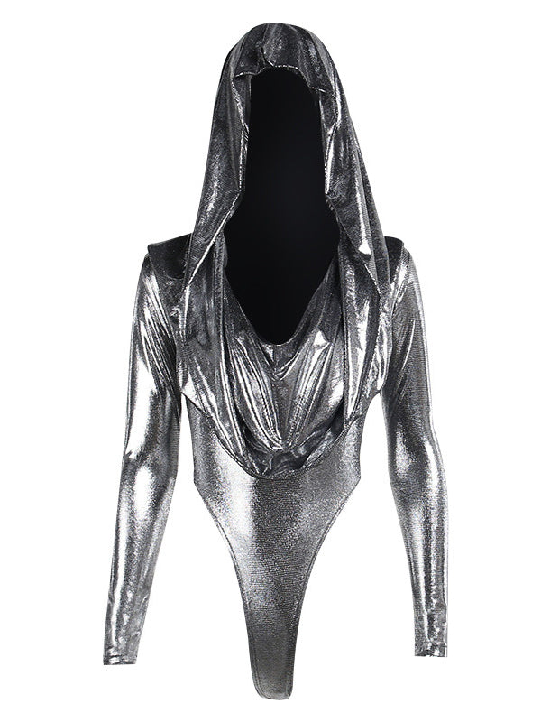 Hooded Metallic Slim Glitter Bodysuit