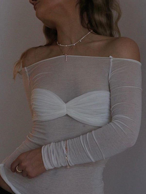 Plain Off Shoulder See Through T-Shirt