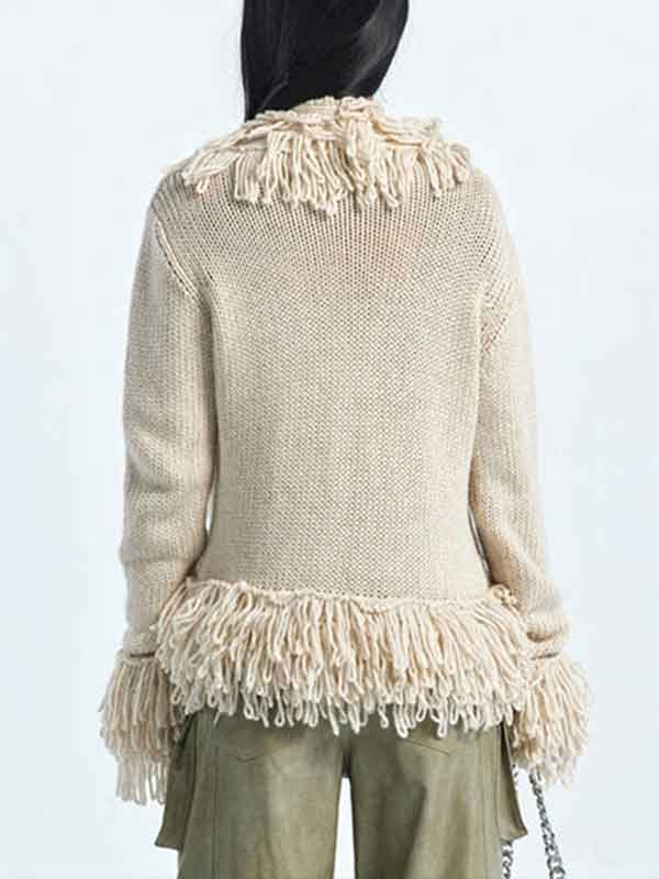 Tassel Snap Front Patchwork Solid Cardigan