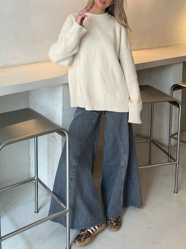 Street Plain Zipper Wide Legs Jeans