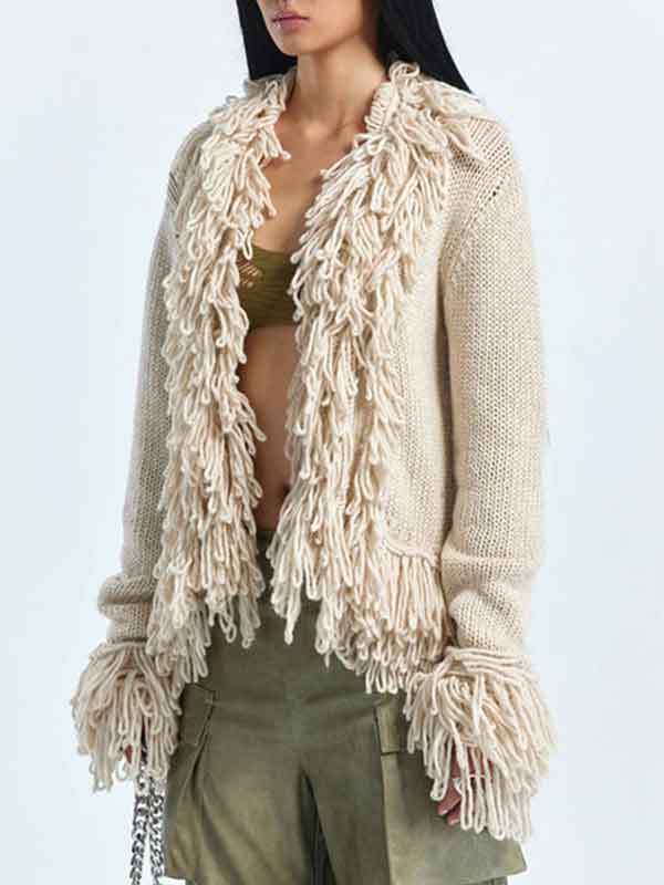 Tassel Snap Front Patchwork Solid Cardigan