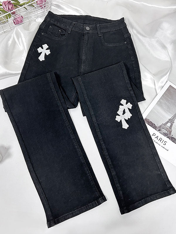 Cross Embroidery Low Rise Slim Jeans