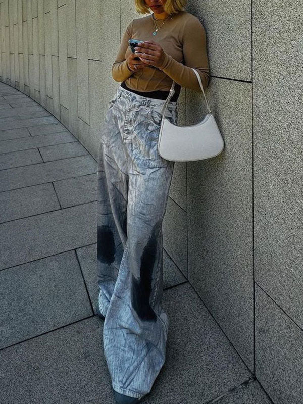 Tie Dye Gradient Wide Leg Washed Jeans