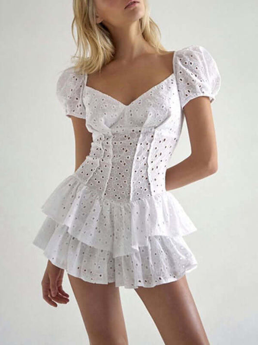 Fairy Crochet Cutout Corset Waist Square Neck Puff Sleeve Mini Dress-Ykiiy