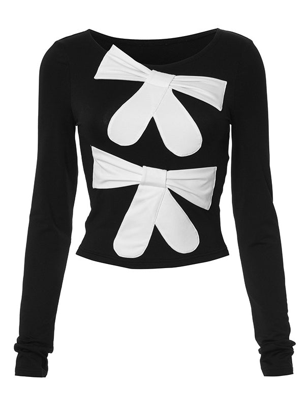 Round Neck Bow Color Block T-Shirt