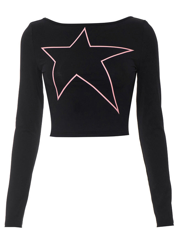 Boat Neck Exposed Navel Star T-Shirt