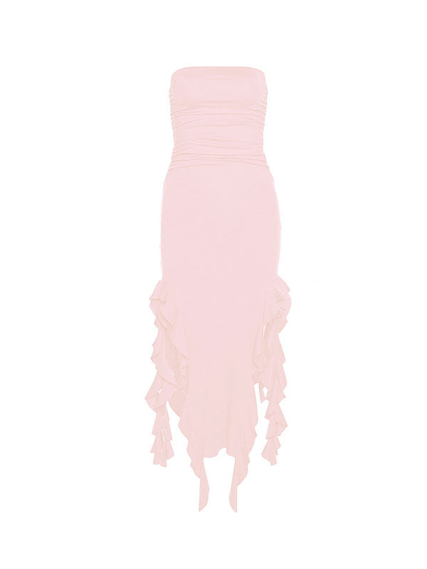 Sweet Strapless Irregular Ruffles Bandeau Plain Maxi Dress