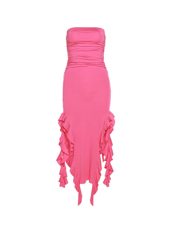 Sweet Strapless Irregular Ruffles Bandeau Plain Maxi Dress