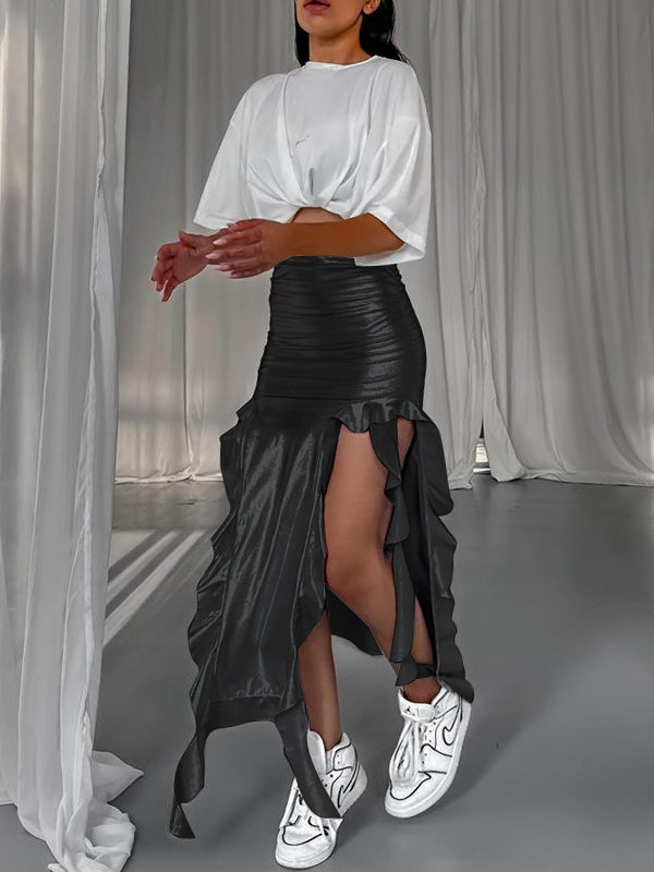 Plain Flounce Asymmetric Hem Skirt