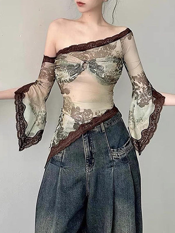 One Shoulder Decorative Lace T-Shirt