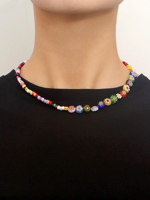 Glass Rainbow Flower Beaaded Necklace