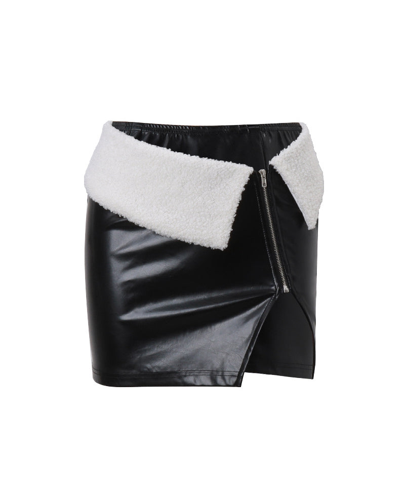 Patchwork Zipper Slit Bodycon PU Skirt