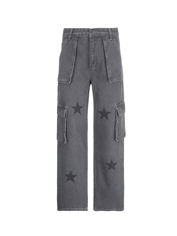 Low-Rise Star Print Oversized Pocket Straight Cargo Jeans