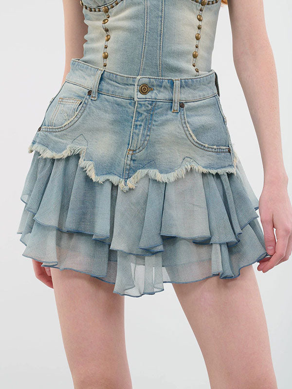 Chiffon Ruffled Patchwork Washed Denim Skirt