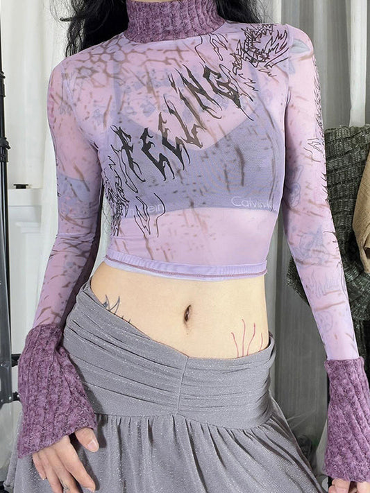 Patchwork High Neck See Through T-Shirt