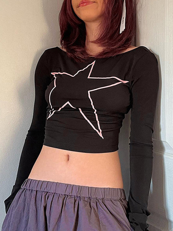 Boat Neck Exposed Navel Star T-Shirt