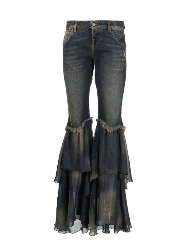 Y2K Zipper Flared Ruffle Hem Jeans