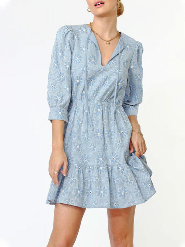 Daisy Embroidered Popover Chambray Mini Dress