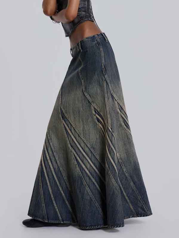 Patchwork Wash Zipper Mermaid Denim Skirt