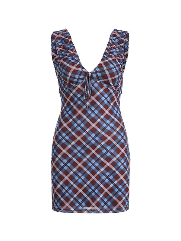 Checkered Ruffle V Neck Mini Dress