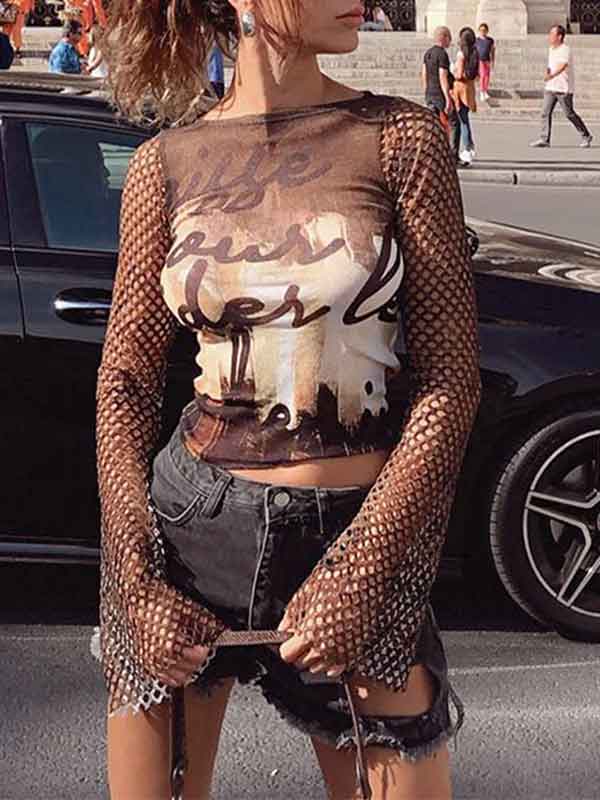 Hollow Out Mesh Patchwork Printed T-Shirt