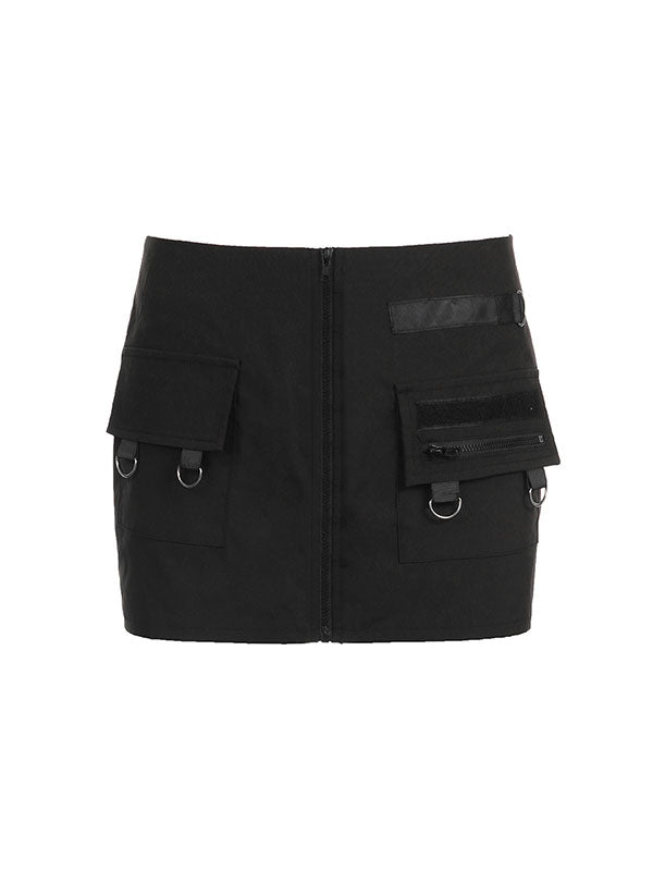 Patch Pocket Zipper Black Bodycon Mini Skirt