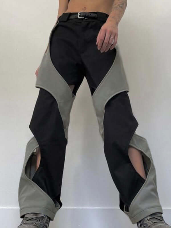 Color Block Cutout Hip Hop Pants-Ykiiy