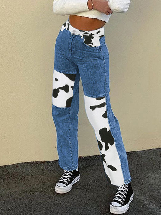 Zipper Cow Pattern Patchwork Jeans