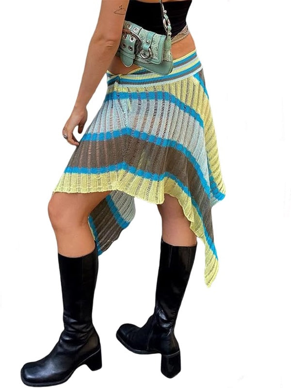 Knitted Striped Asymmetric Hem Skirts