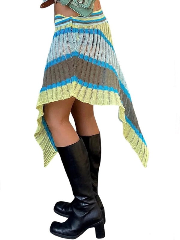 Knitted Striped Asymmetric Hem Skirts