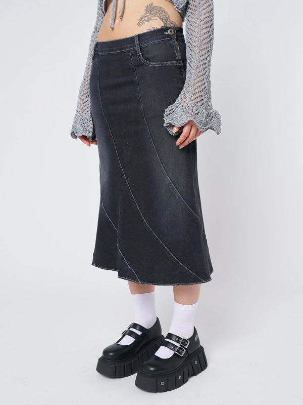 Side Zipper Bottom Flared Denim Skirt