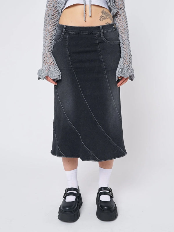 Side Zipper Bottom Flared Denim Skirt