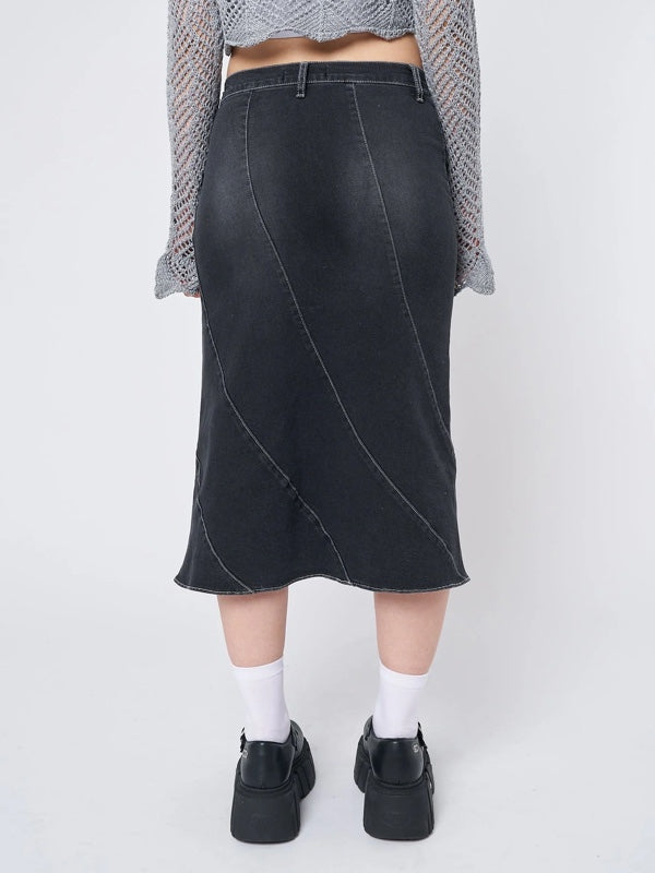 Side Zipper Bottom Flared Denim Skirt