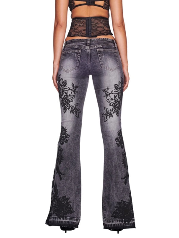 Zipper Floral Printed Flared Jeans