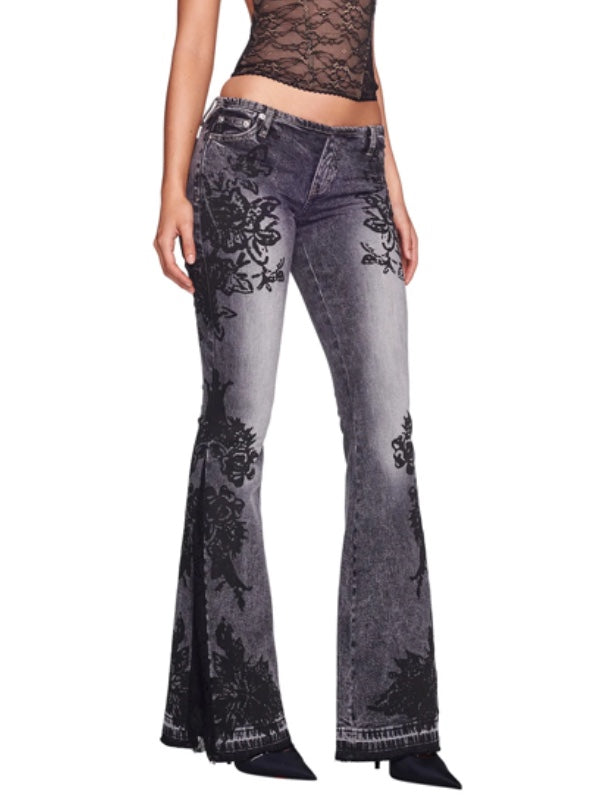 Zipper Floral Printed Flared Jeans