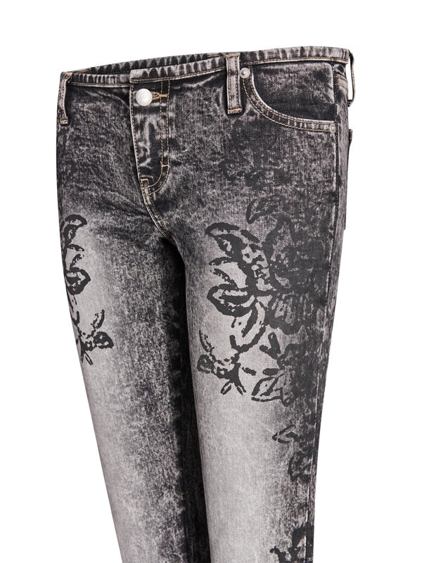 Zipper Floral Printed Flared Jeans