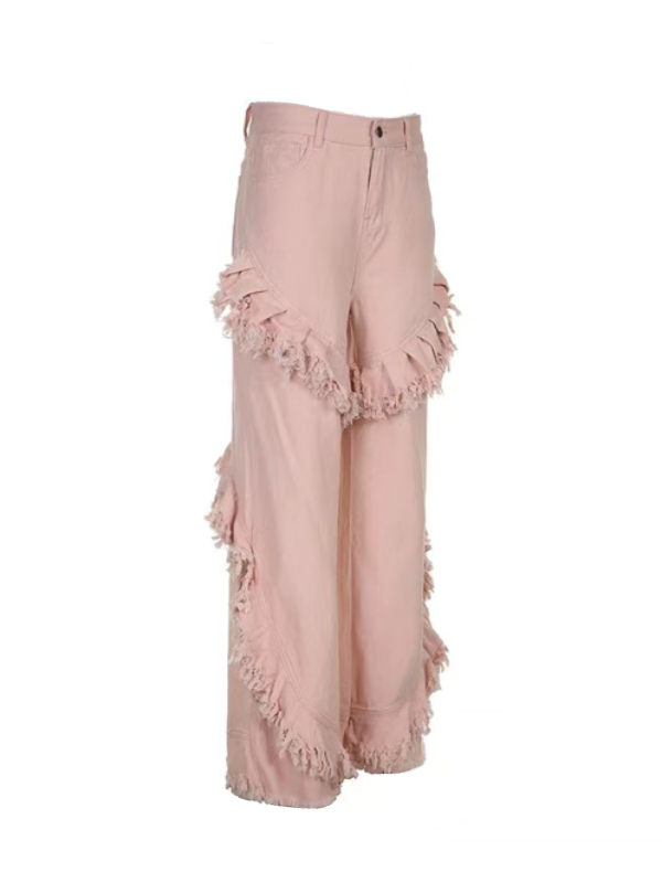 Zipper Fringe Frayed Trim Pants