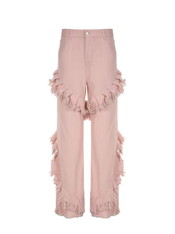 Zipper Fringe Frayed Trim Pants