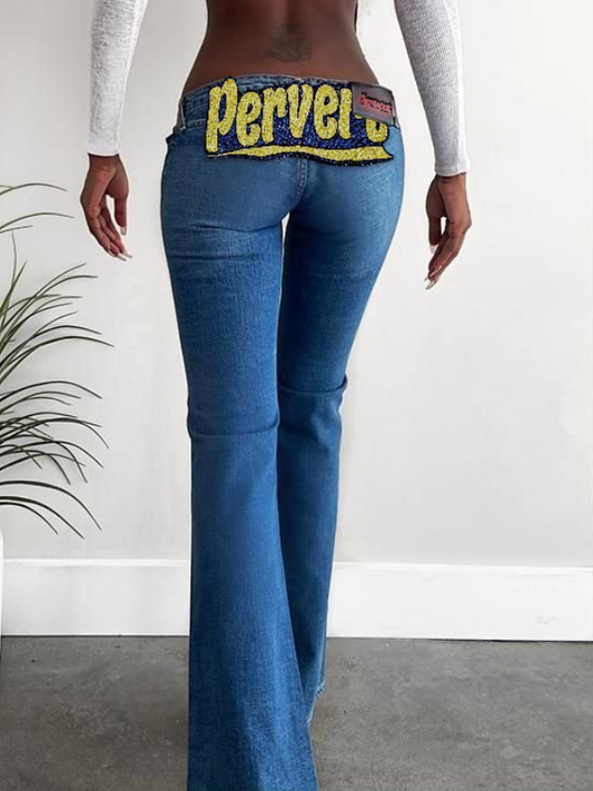 Letters Zipper Button Color Block Jeans