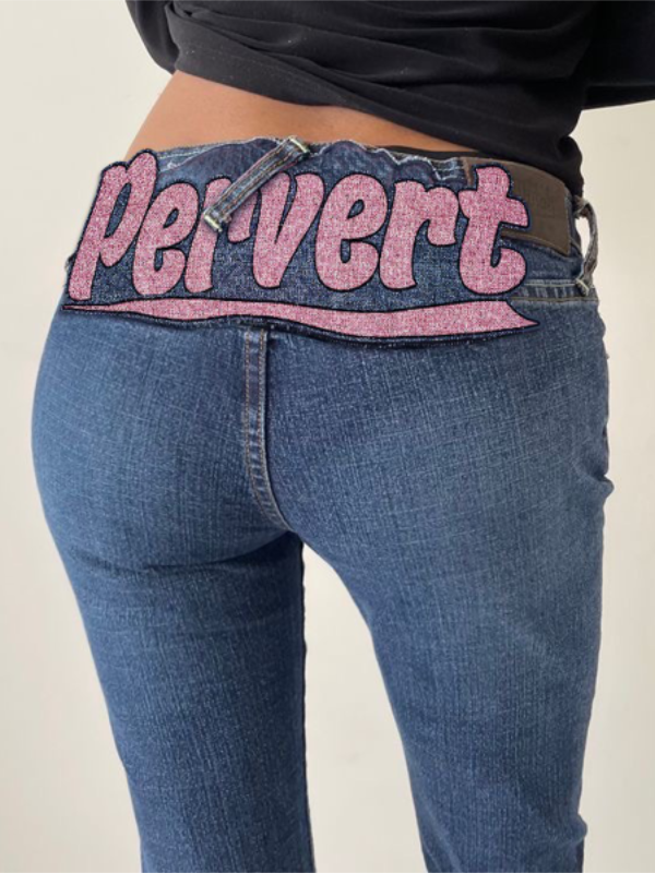 Letters Zipper Button Color Block Jeans