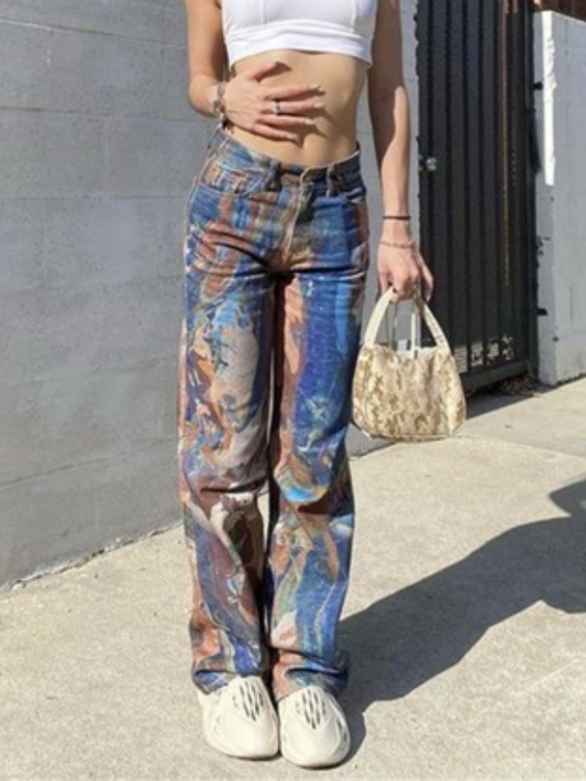 Abstract Printed Wide Leg Jeans