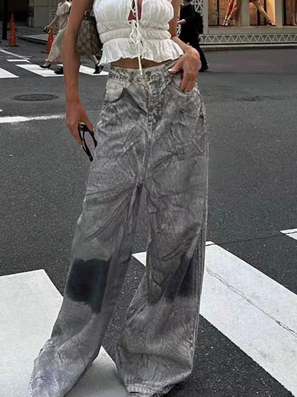 Tie Dye Gradient Wide Leg Washed Jeans