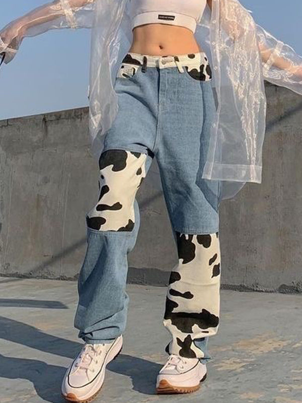 Zipper Cow Pattern Patchwork Jeans