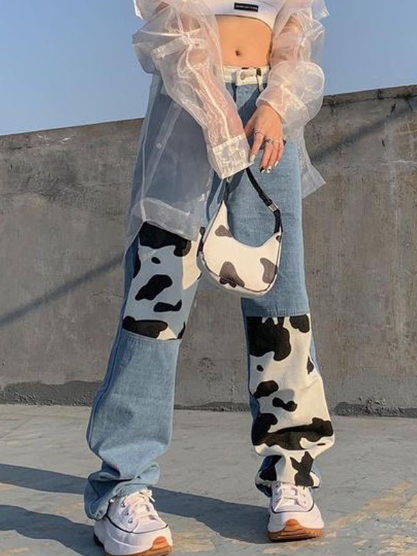 Zipper Cow Pattern Patchwork Jeans