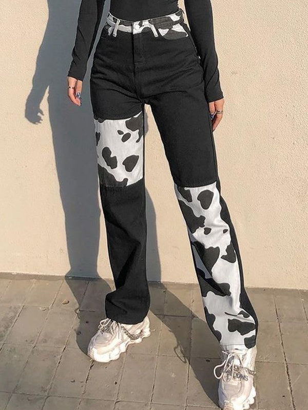 Zipper Cow Pattern Patchwork Jeans